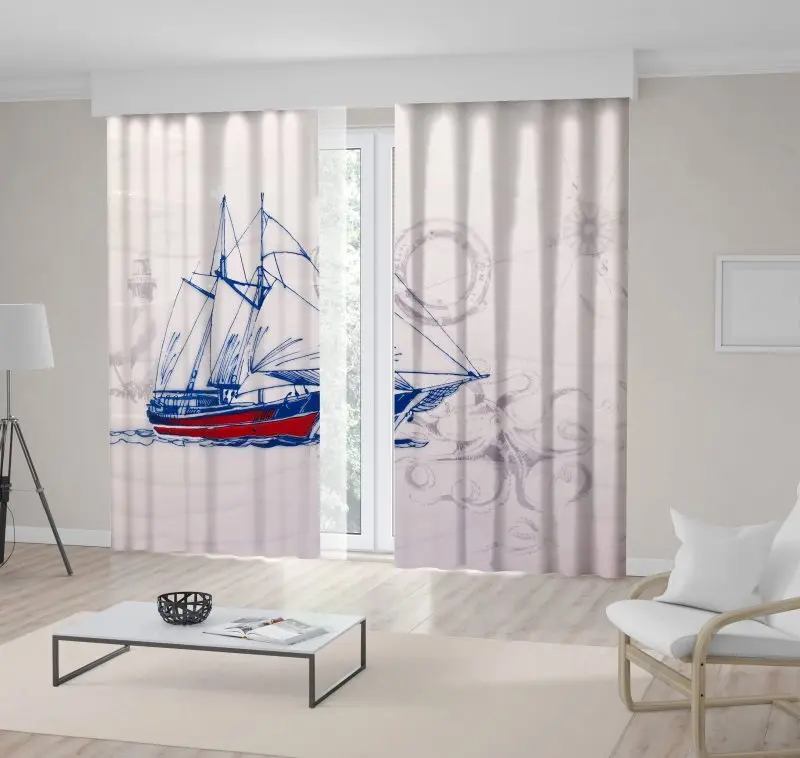 

Curtain in Sailboat Sea Octopus Compass Ring Buoy Lighthouse Marine Ocean Adventure Theme Art Blue Red gray