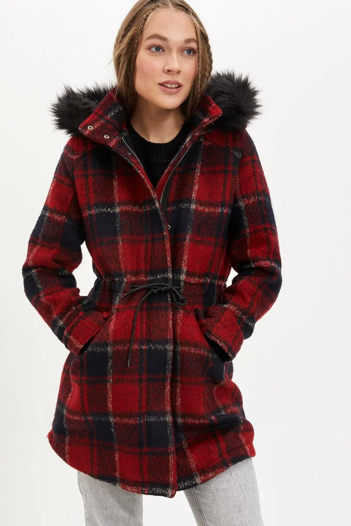 Дефакто женские зимние винтажные черные красные клетчатые хлопковые пальто