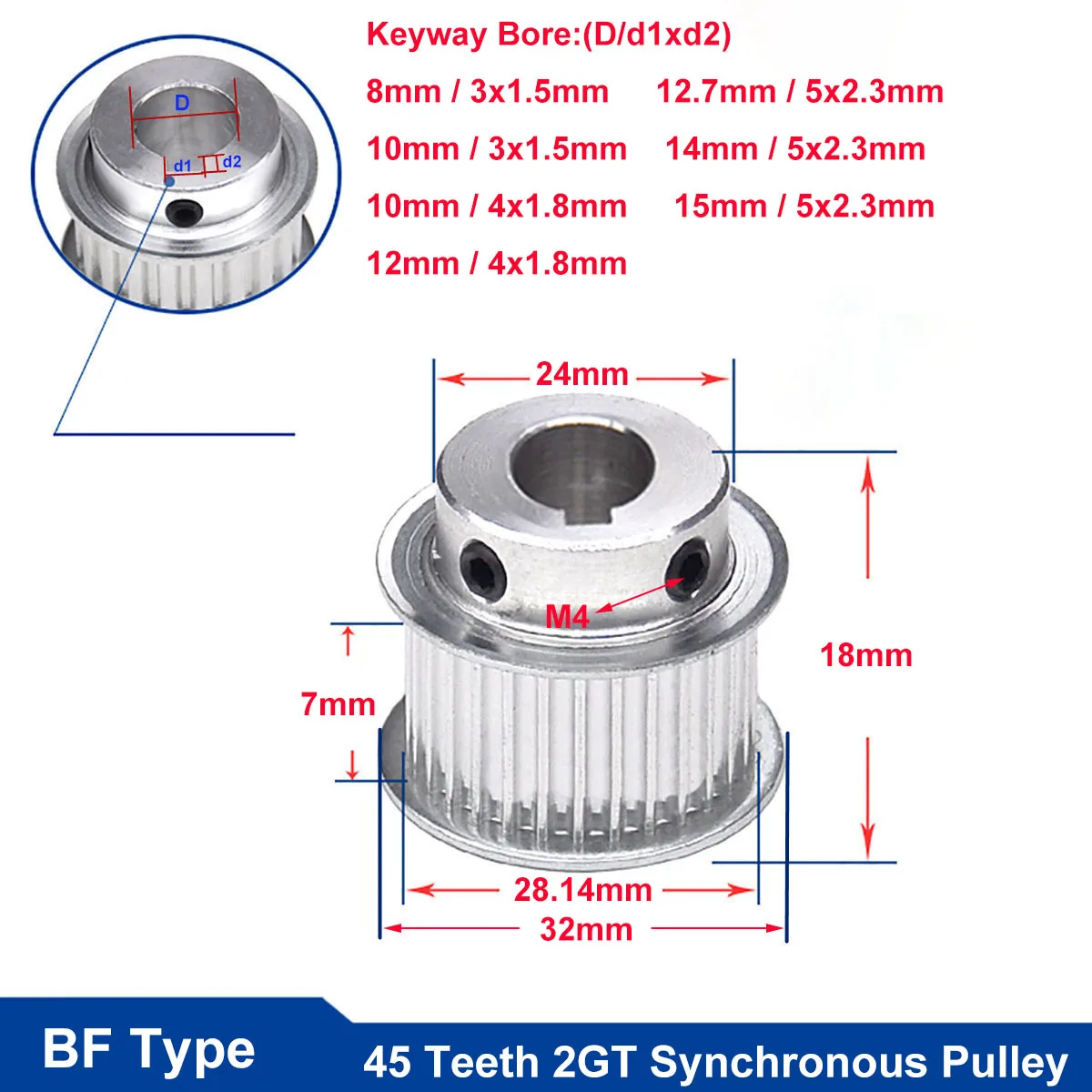 

45 Teeth 2GT Synchronous Timing Pulley Bore 8 10 12 12.7 14 15mm BF Keyway Aluminium Idler Pulley For 6mm Width 2GT Timing Belt