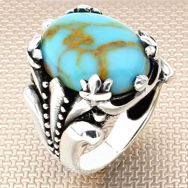 

Domed Oval Blue Raw Turquoise Stone Men's Sterling Silver Ring Solid 925 Sterling Quality Luxury Design Stylish New Jewelry