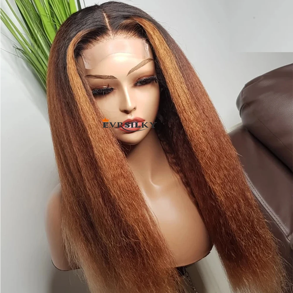

Kinky Straight Human Hair Wigs Ombre Colored Yaki 13x6 Lace Front Wig Preplucked Glueless 360 Lace Frontal Wig For Black Women