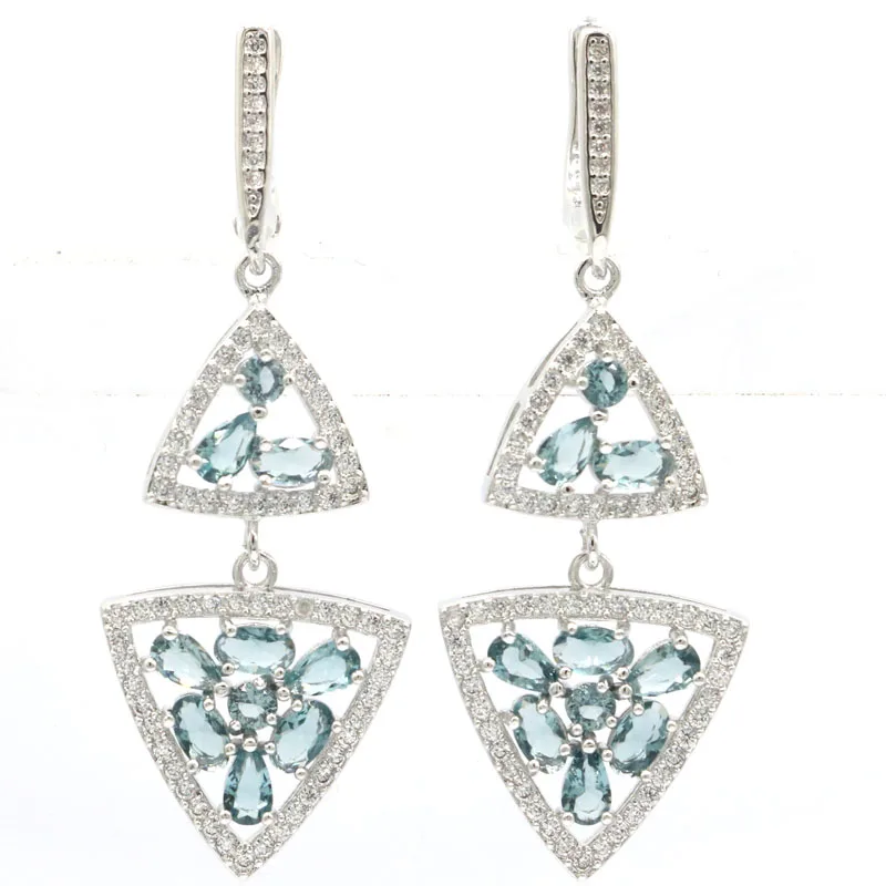 

54x19mm New Statement Trangle Shape Created London Blue Topaz Zircon For Women Wedding Silver Earrings
