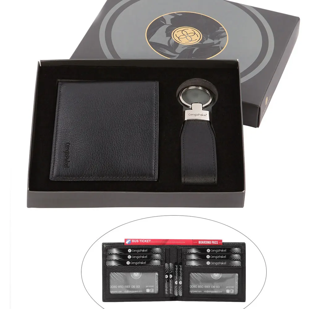 Genuine Leather Black Men's Wallet + Keychain Gift Set Premium Quality Product Valentine's Day Gift for Men Short Wallet Set