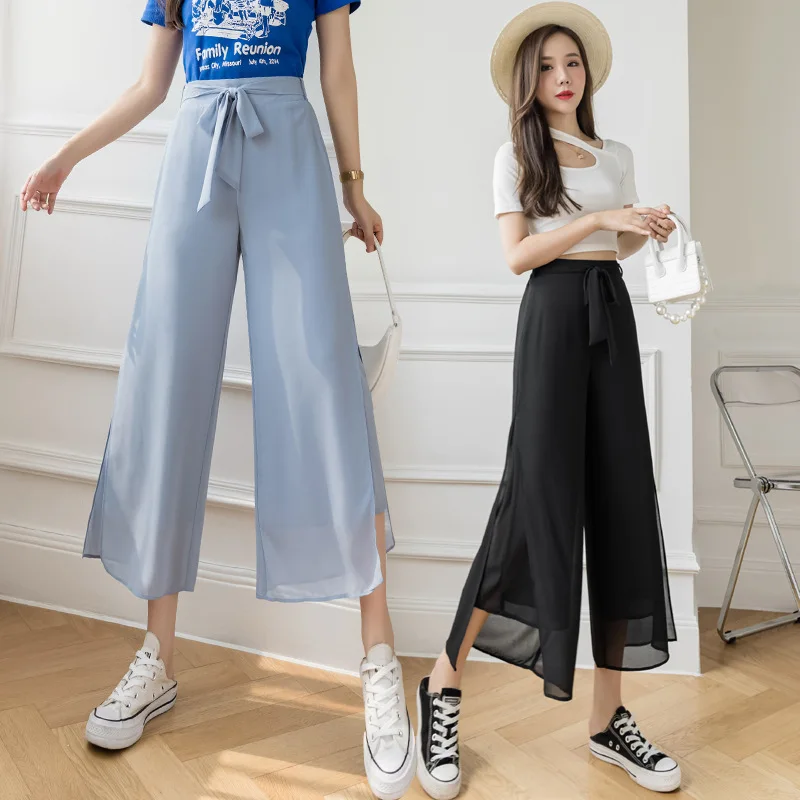 

Chiffon Wide Leg Pants Women 2021 new drape feeling high waist swing pants slit skirt loose double thin trousers