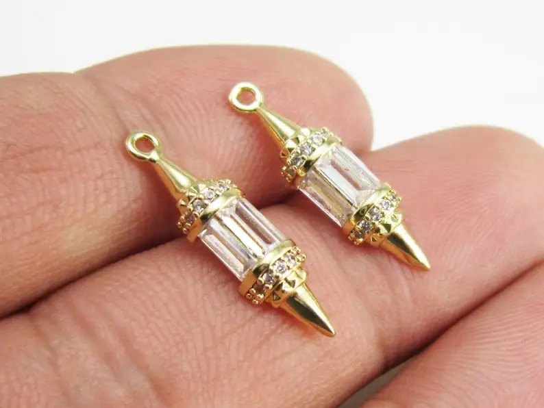 6 шт. подвески для сережек с шипами, двухконусная Подвеска из циркония, подвеска для сережек Huggie, кубический цирконий, покрытие из настоящего 14-каратного золота G058