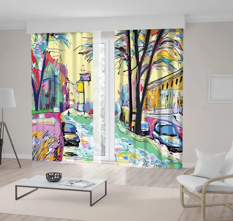 

Curtain Winter Cityscape Street Cars Trees Colorful Urban Life Contemporary Painting Pink Blue Green Artwork Printed