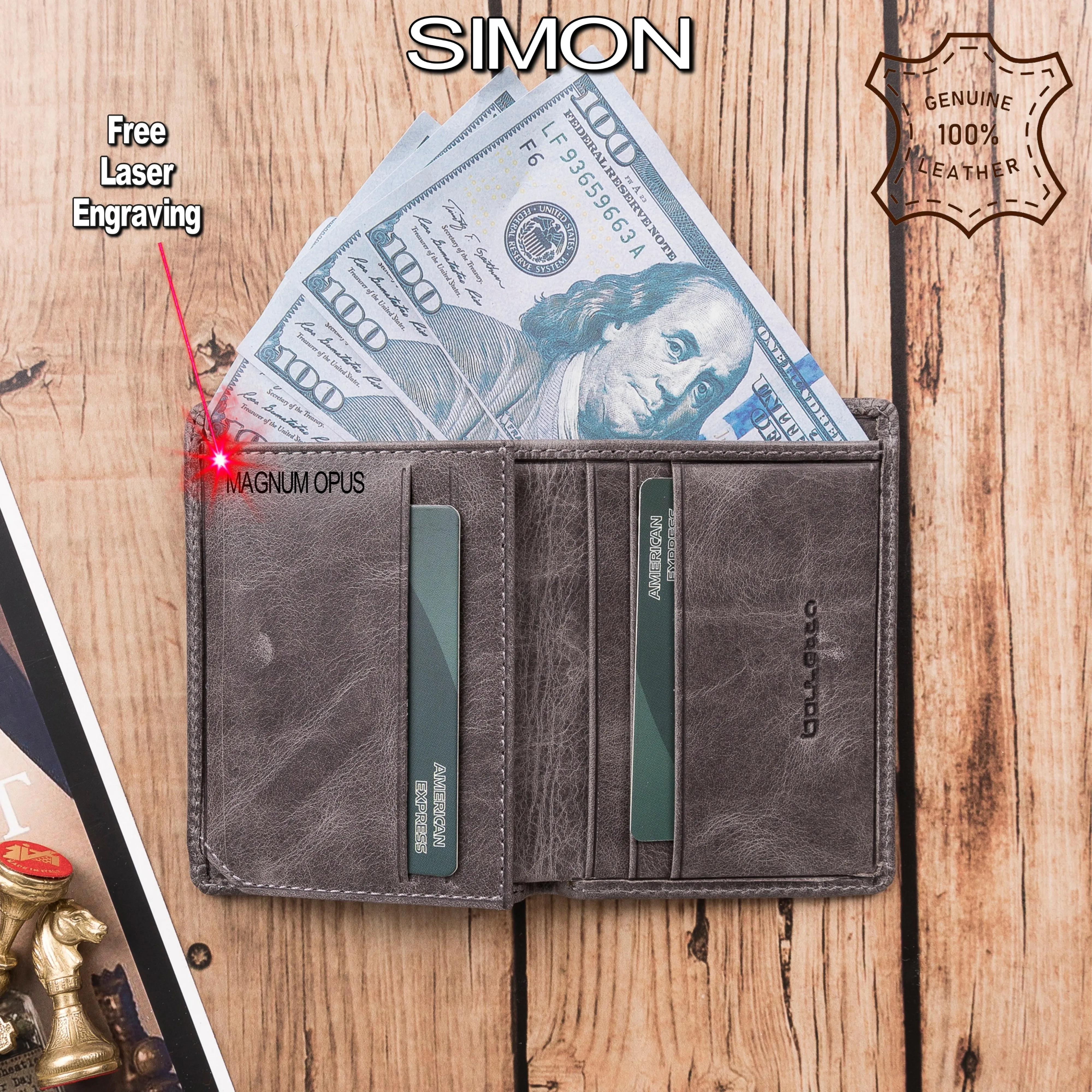 Handmade Genuine Leather Card Holder Wallet Book Type Closure that Holds up to 7 Cards and Paper Money High Quality Elegant