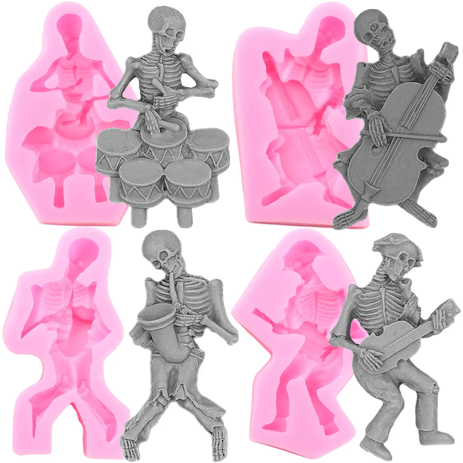 Halloween Skull Guitar Cello Drum Saxophone Silicone Mold Cupcake Topper Fondant Cake Decorating Tools Candy Chocolate Mould