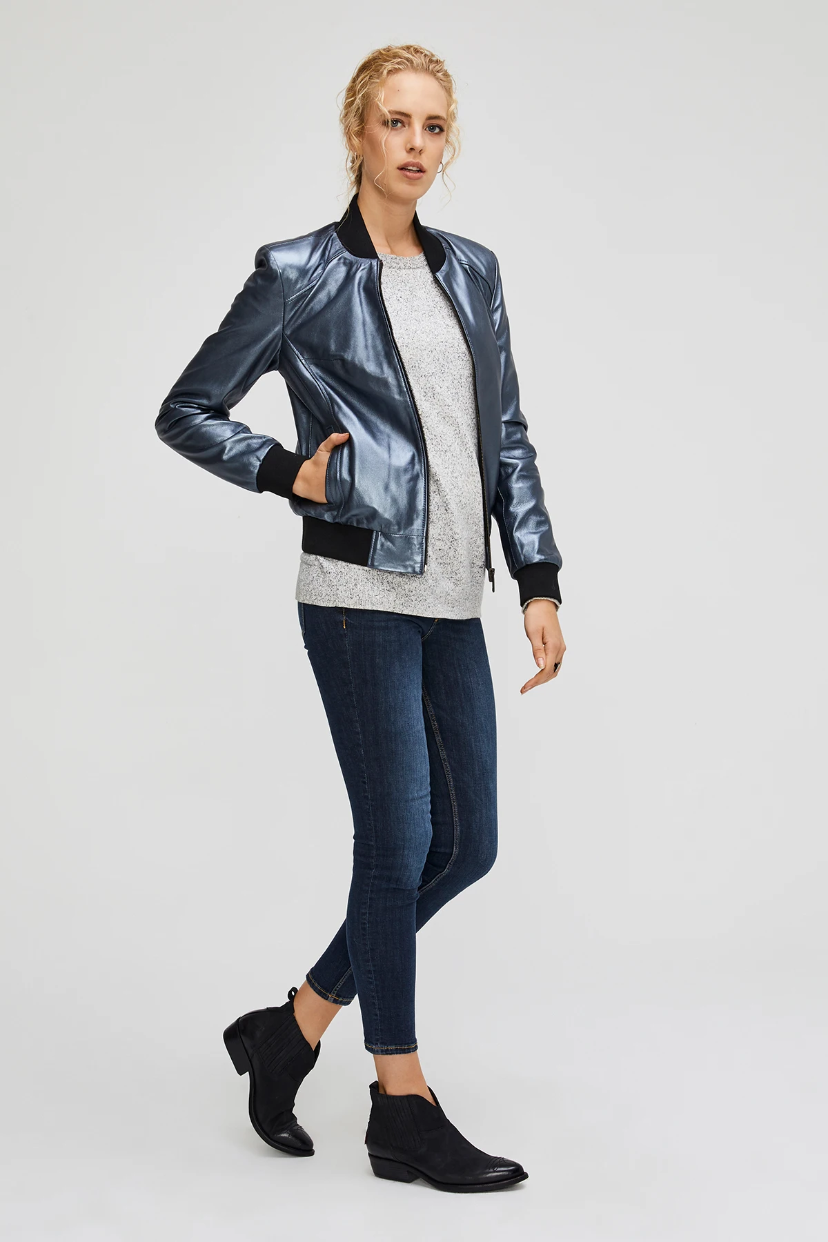 Spring Cool Fashion Silver Genuine Leather Jacket Female Bomber Biker Coat Stand Collar Lambskin Women's Jackets Streetwear