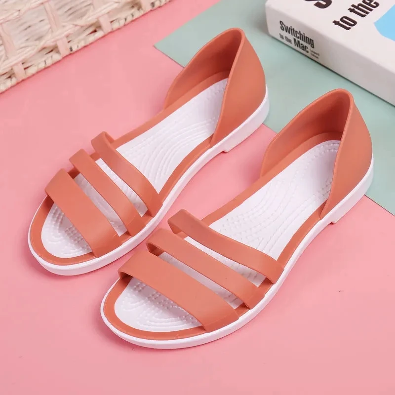 

Three Stripes Ribbon Flat Sandals Women's Slides Summer Beach Shoes Women Plastic Slip On Shoes Cover Heel Strap Sandals Ladies