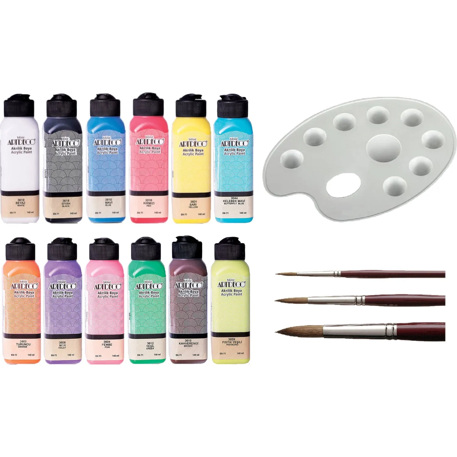 Acrylic Paint Set 12 Color * 140 Ml, 3 Brush, Palette Opaque Classic And Pastel Tons For Wooden Polyester Paper Glass Ceramic