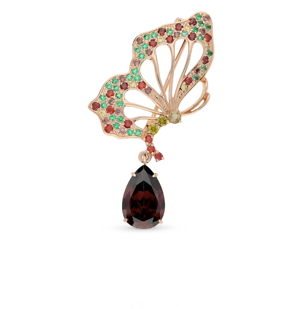 Золотая брошь с султанитами родолитами фианитами и гранатом SUNLIGHT проба