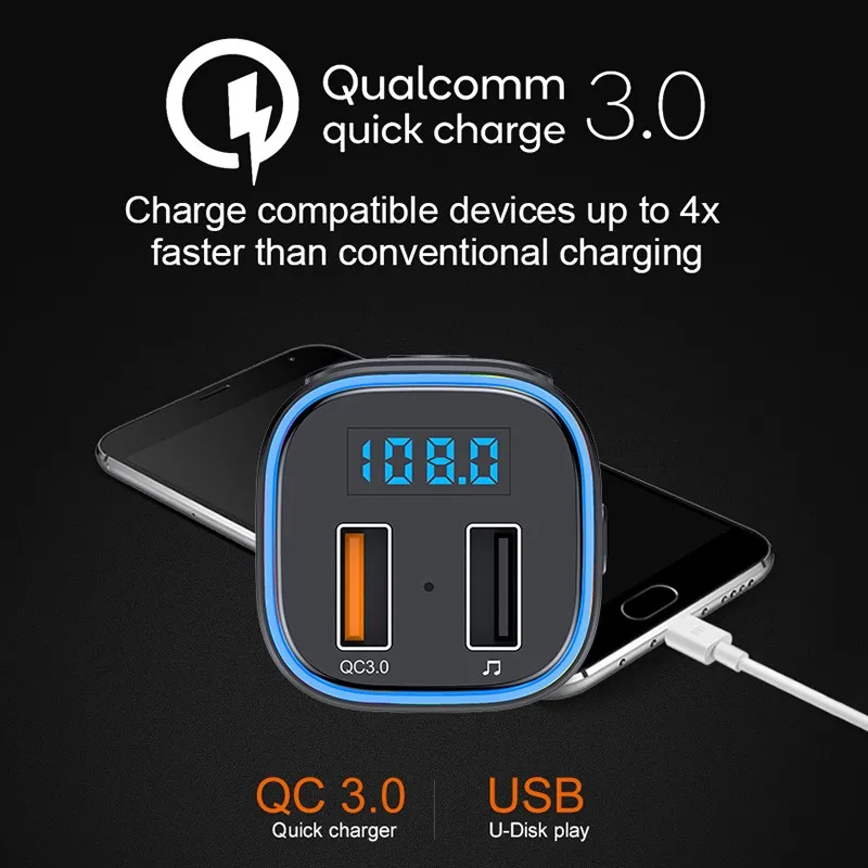 Автомобильный fm передатчик Bluetooth 5 0 Беспроводной MP3 плеер стерео аудио AUX USB QC3.0