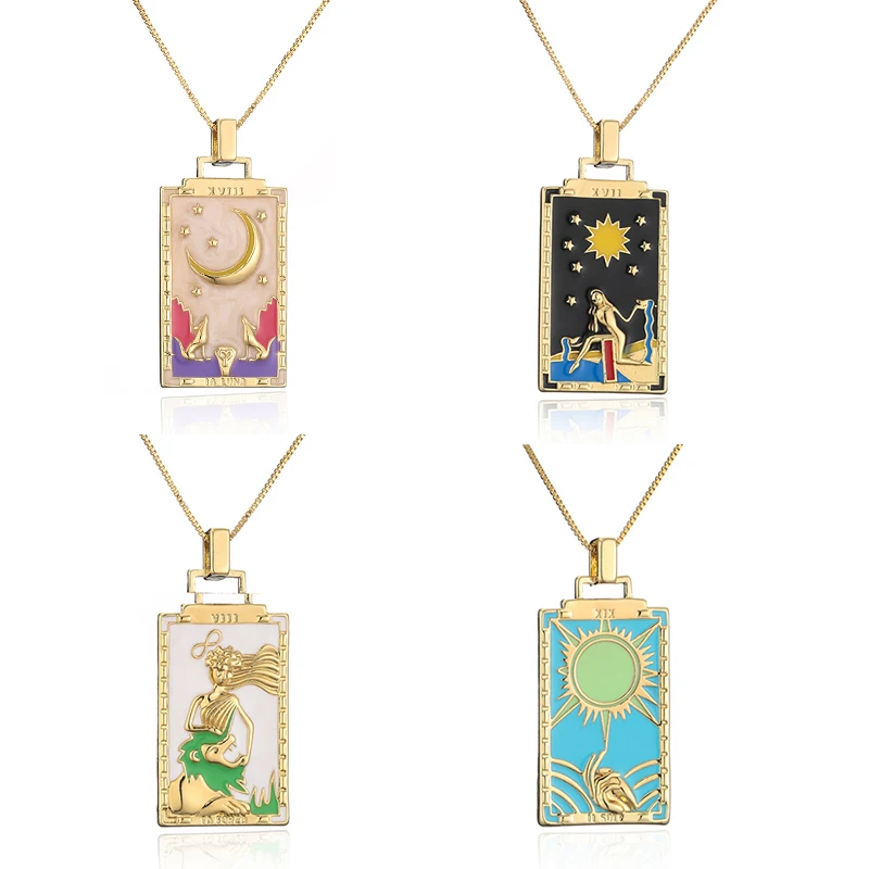 

High Quality Tarot Cards Sun Moon Oil Painting Pendent Neclace For Women Gold Color Square Vintage Copper Women's Jewelry Gift