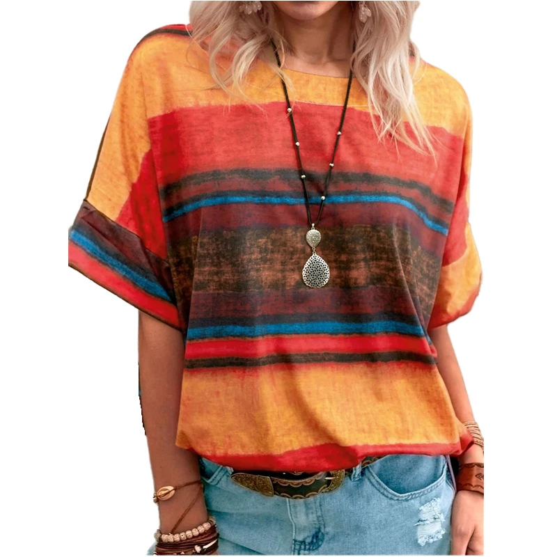 

Summer Plus size Clothing Women Round Neck Contrast Striped Printed Vintage Tee Shirt Casual Loose Short sleeve Tunic Tops