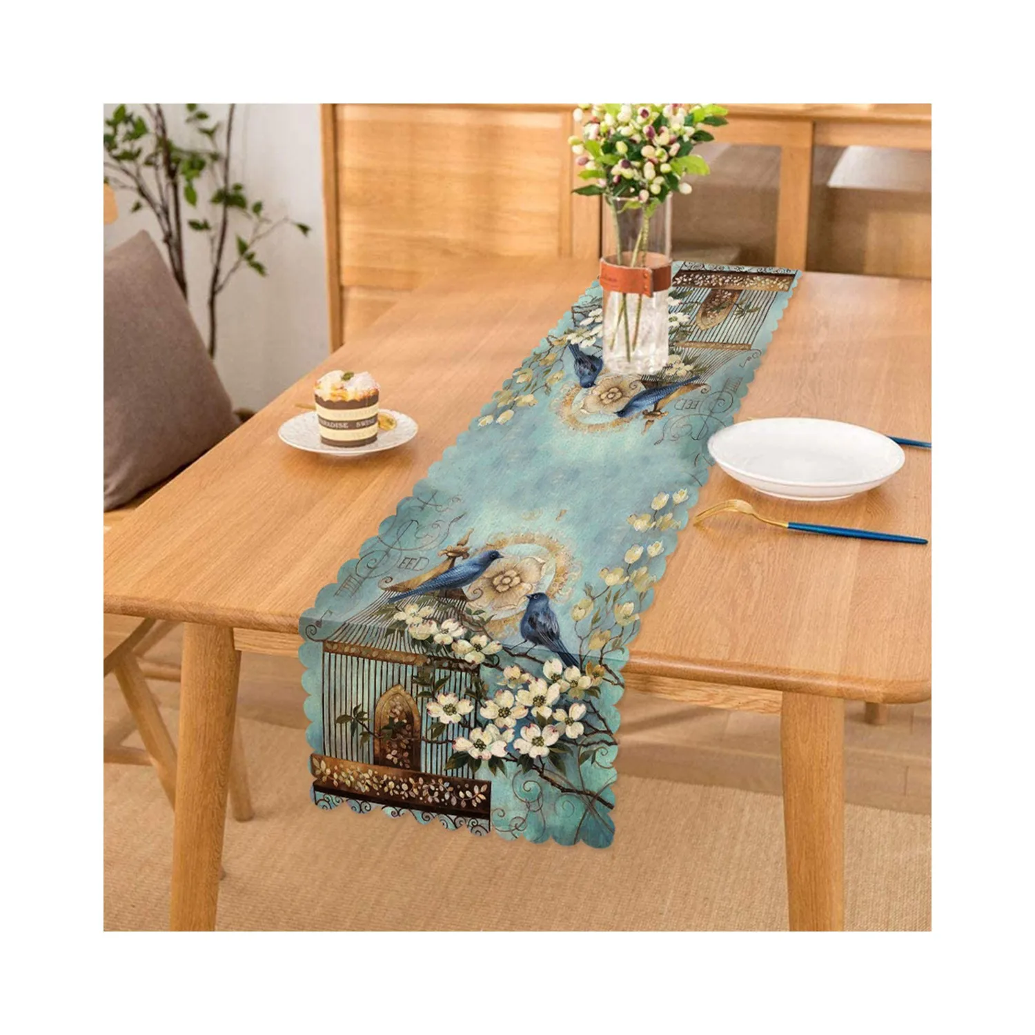 

Декоративная скатерть с рисунком синей птицы и цифровым принтом, моющаяся мягкая скатерть с рисунком перьев