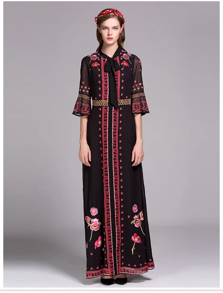 Black Floral Весна Лето Женское Платье макси с длинным рукавом размера плюс дизайнерское Брендовое платье винтажное цветочное черное кремовое праздничное платье - Цвет: Black Floral