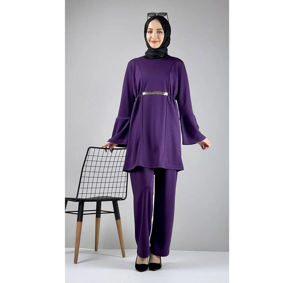 

Double Suit With Pants Long Sleeve Single Color Round Collar Belt Detailed Trousers Elastic Waist Women Seasonal Summer Hijab