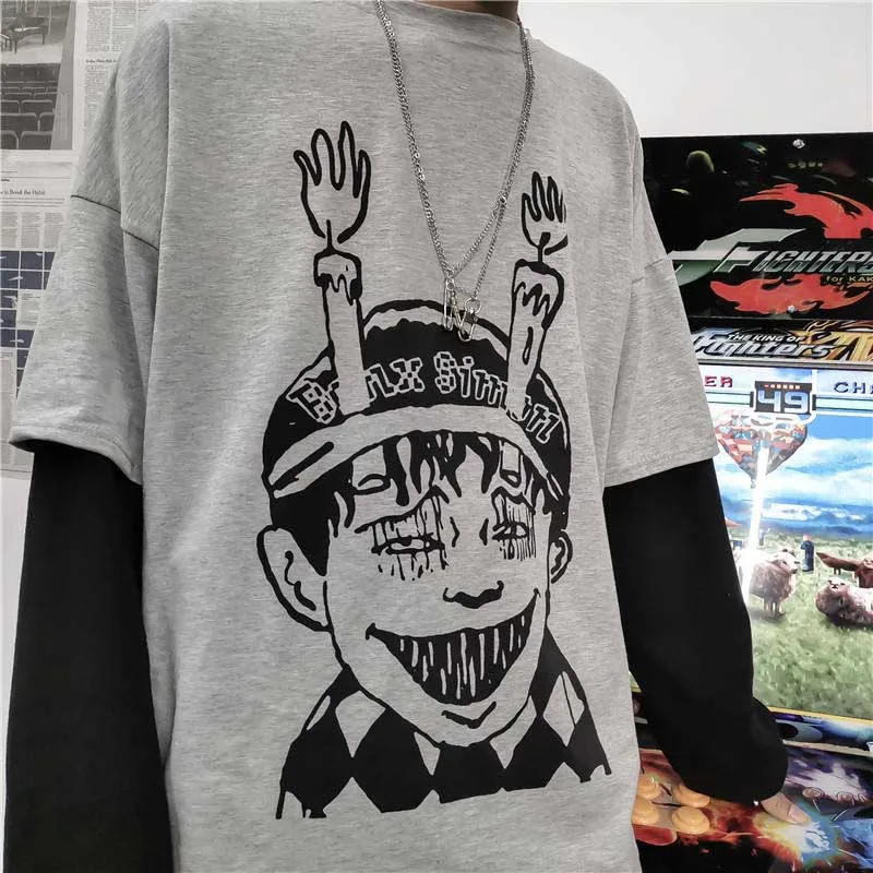 NiceMix Harajuku футболка женская поддельная 2 шт. принт японский Fujiang Ужасы комиксы длинный рукав рубашка Женская Vetement Femme