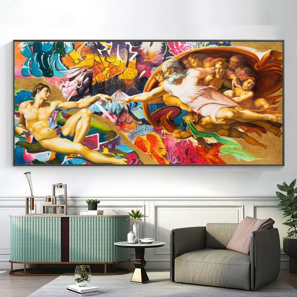 

Modern Pop Graffiti Art Posters and Prints Canvas Famous Wall Art The Creation of Adam By Michelangelo Living Room Home Decor
