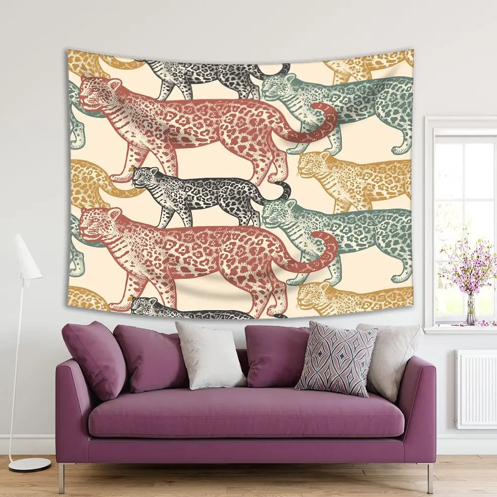 

Tapestry South America Jaguar Wildlife Animals in Vintage Colors Artwork Printed Black Beige Green Yellow