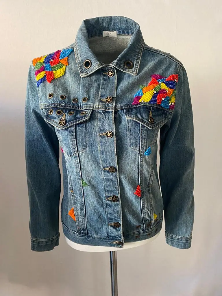 

2022 Spring Fashion Handmade Colorful Crystal Bead Embroidered Women Denim Jacket