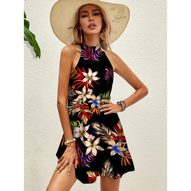 

Summer Women Dress Floral Print Tie Back Dress Party Casual Beach Sundress Sexy Sleeveless Off The Shoulder Women's Dress