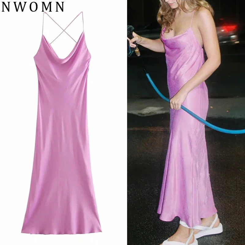 

NWOMN Za фиолетовое платье-комбинация женское атласное сексуальное платье для выпускного вечера 2021 Длинные Элегантные ночные платья женские л...