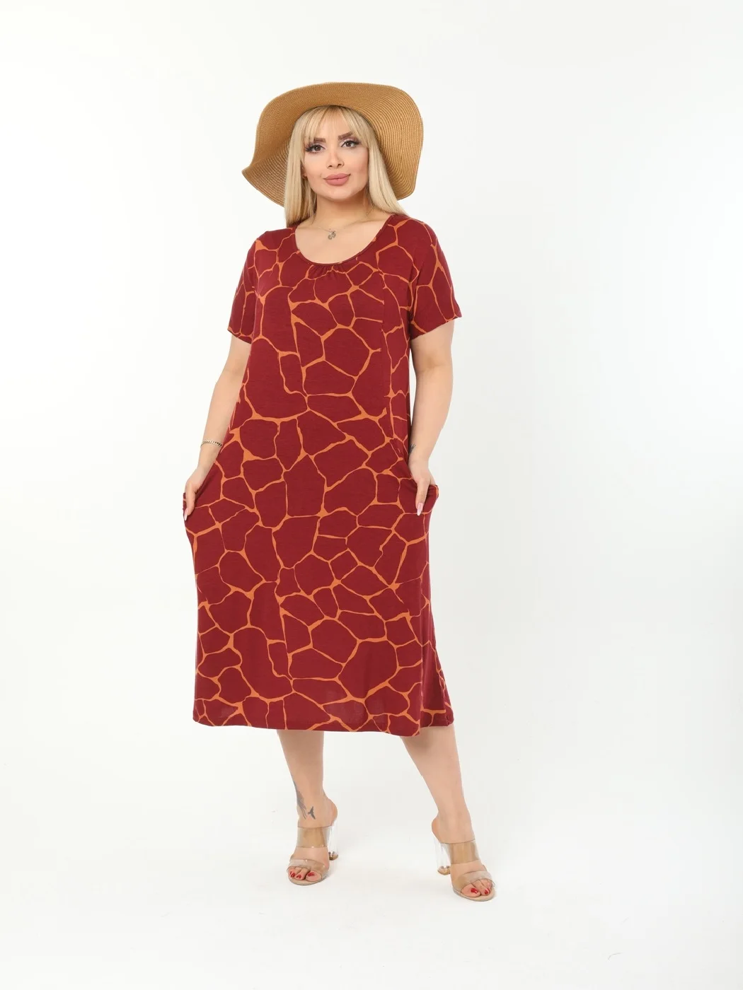 Plus Size Women Clothing 2022 Summer Casual Dressing with Pockets Red Stone Mid-Calf Lycra Knitted Viscose Made in Turkey