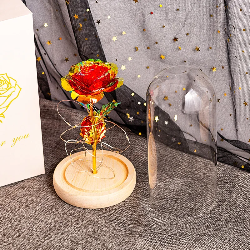 Вечная любовь 24K Золотая фольга Роза в стеклянном куполе светодиодный светильник