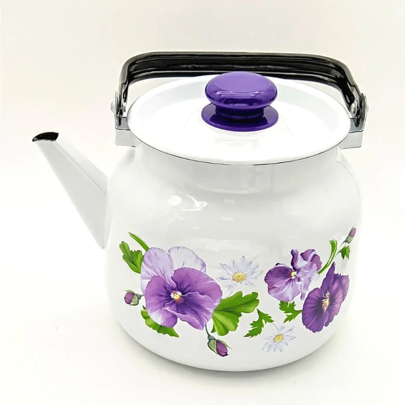 Чайник 3.5 л эмалированный Анютины глазки с металлической ручкой. | Дом и сад