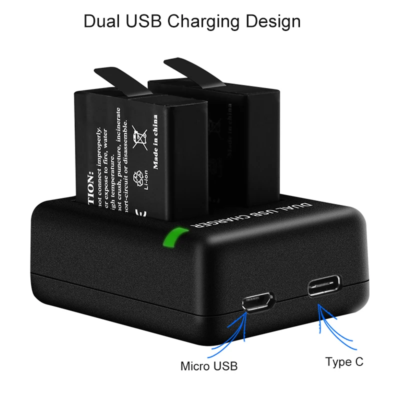 Зарядное устройство с двумя портами для GoPro Hero 8 7 6 5 черный usb-кабелем порта