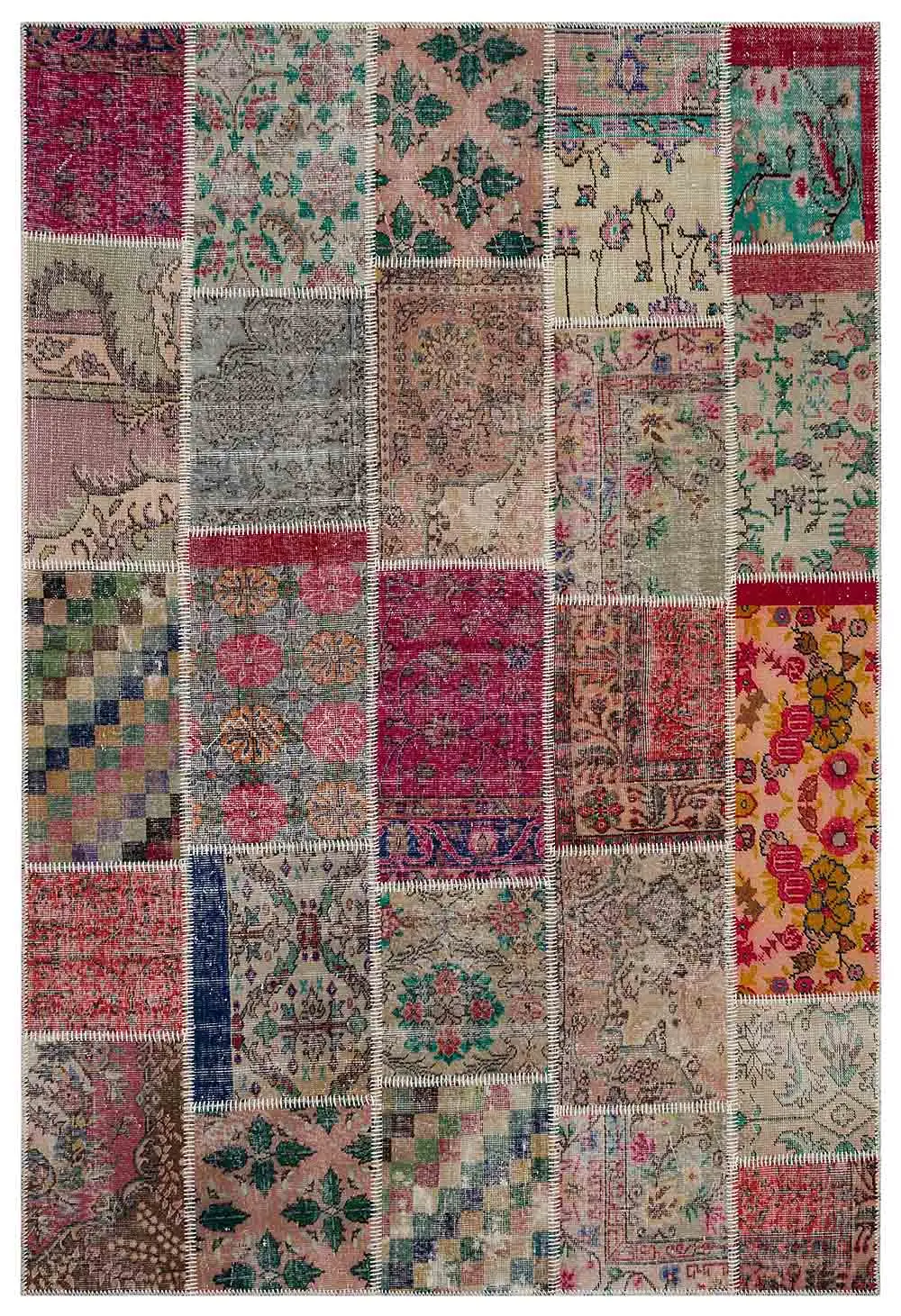 

Natural Brown and Red Handmade Rug, Patchwork Design Carpet, Traditional Turkish Rug 4021