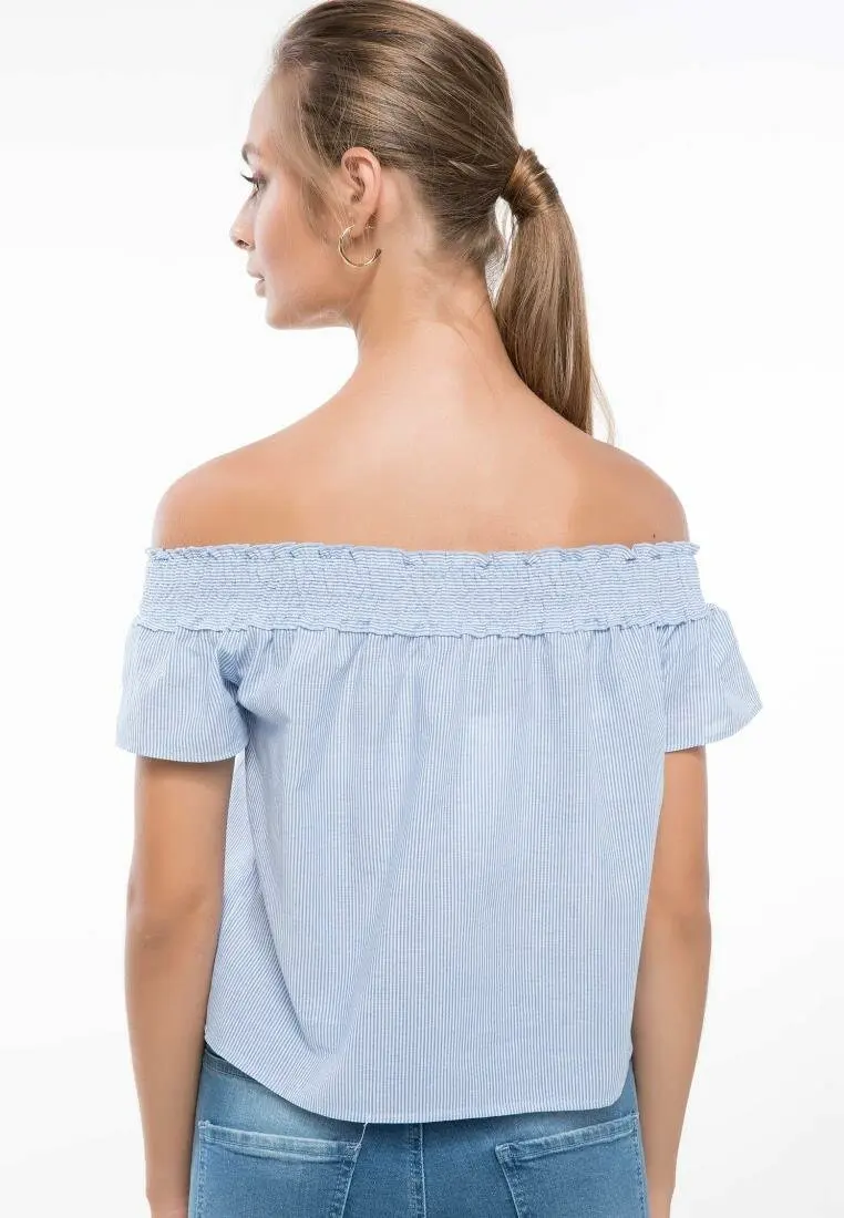 DeFacto Милая женская блузка с коротким рукавом модная полосатая рубашка открытыми