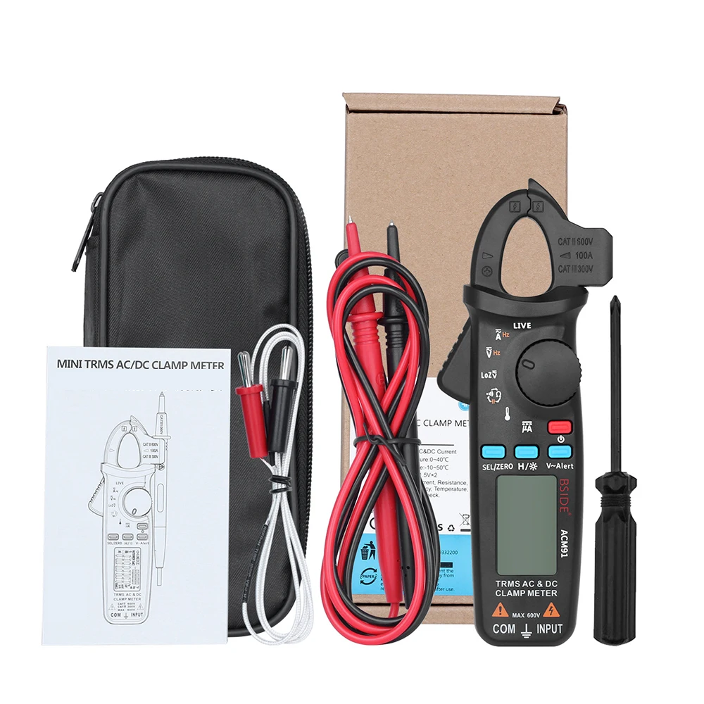 

BSIDE ACM91 Digital Clamp Meter AC/DC Current 1mA True RMS Auto Range Live Check NCV Temp Frequency Capacitor Tester Multimeter