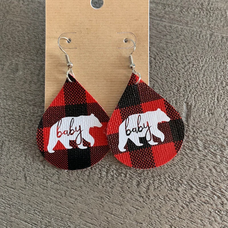 

New!!! Custom Chunky Buffalo Checkered Baby Bear Faux Leather Earrings Super Lightweight Plaid Teardrop Earrings Gifts