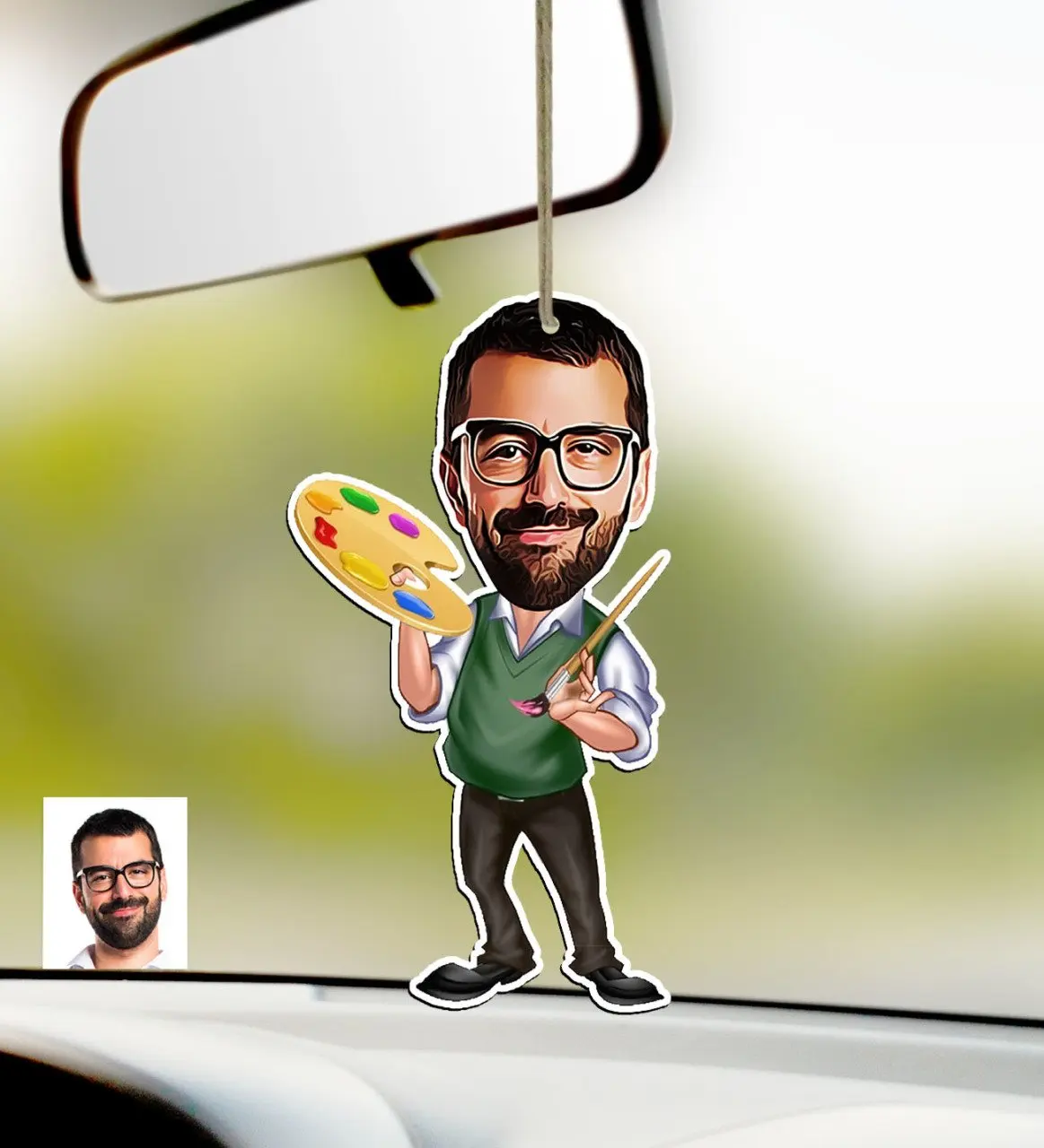 

Personalized Mr Painter Caricature Of Wood Car Rearview Mirror ornament