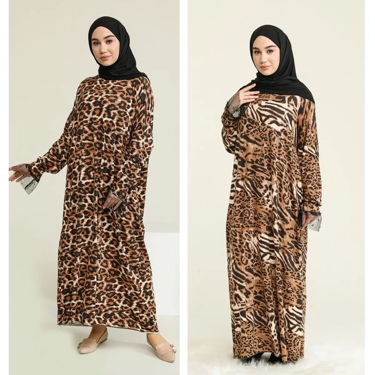 Женское Молитвенное платье с леопардовым принтом, повседневная сезонная одежда с длинным рукавом и круглым вырезом, модный хиджаб в мусуль...