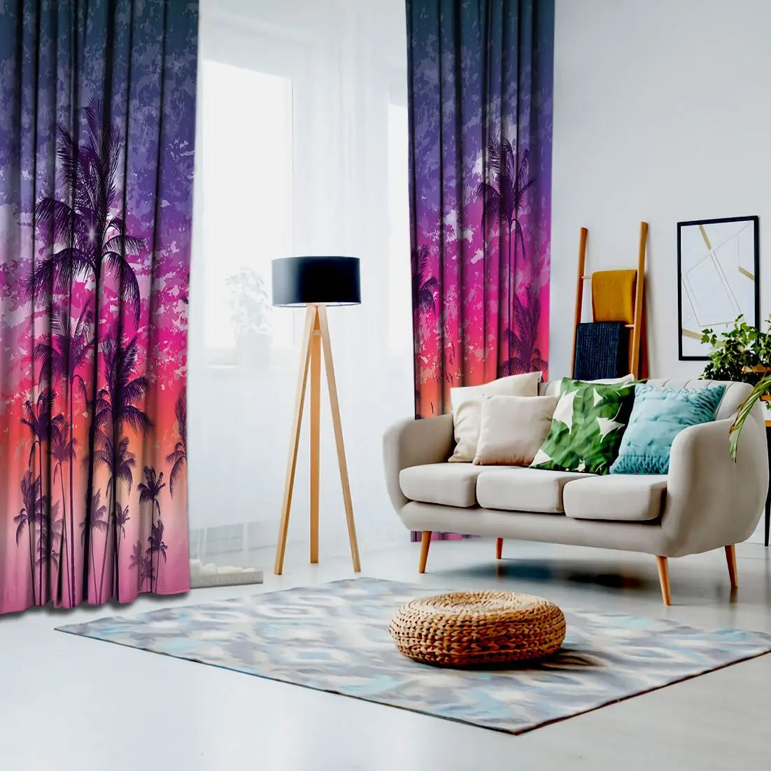 Занавеска экзотические тропические пальмы летающие чайки лошадь закат облачно с