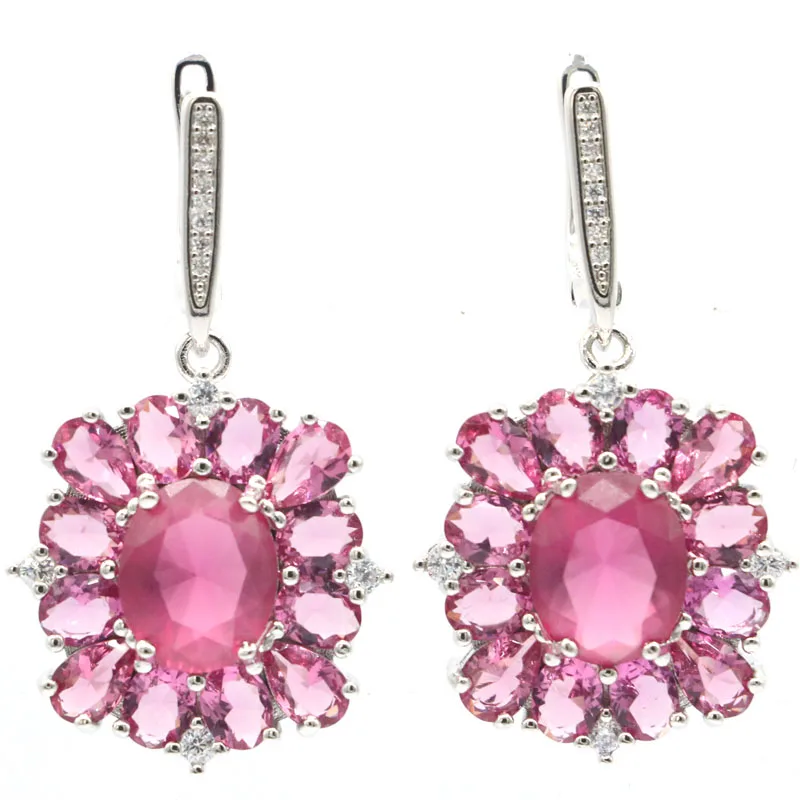 

42x22mm Beautiful Jewelry Set 11g Created Green Peridot Pink Tourmaline CZ Woman 925 Sterling Silver Pendant Earrings Daily Wear