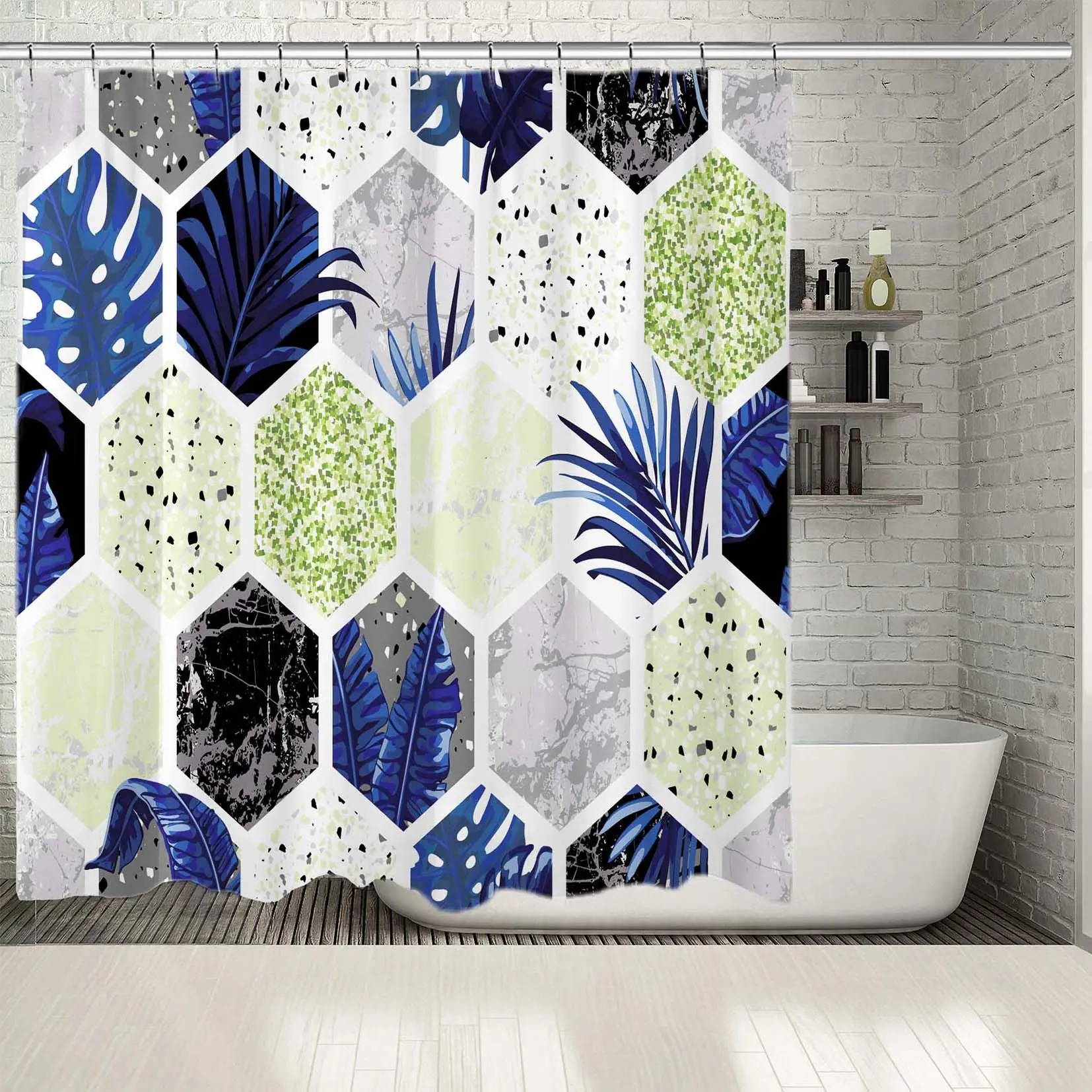 Занавески для душа тропические листья мраморные и блёстки шестиугольные с