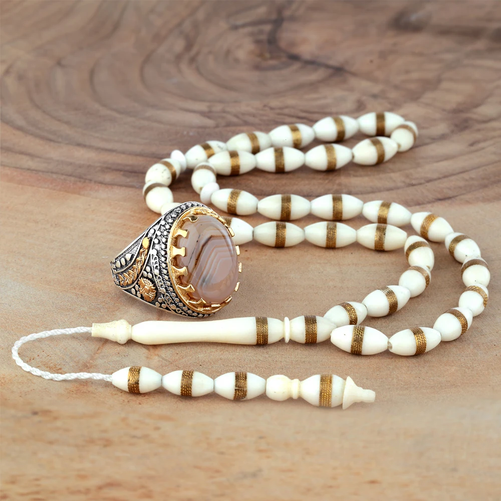 Верблюжья кость четки Tasbih с 925 пробы Серебряное винтажное мужское кольцо набор