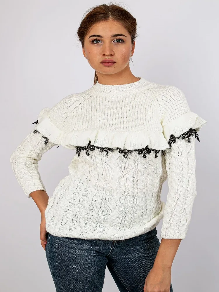 

Женский трикотажный свитер с кружевной отделкой, Повседневный, офисный, с длинным рукавом, стильный, мягкий, популярный, элегантный, зима-ос...