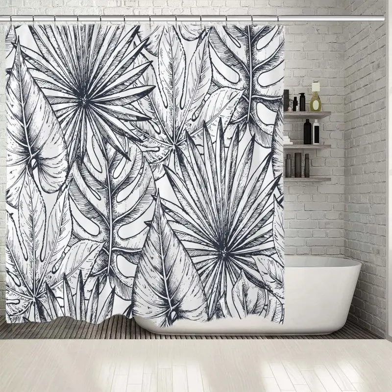 Занавеска для душа тропические листья пальмы джунгли растения Цветочный эскиз