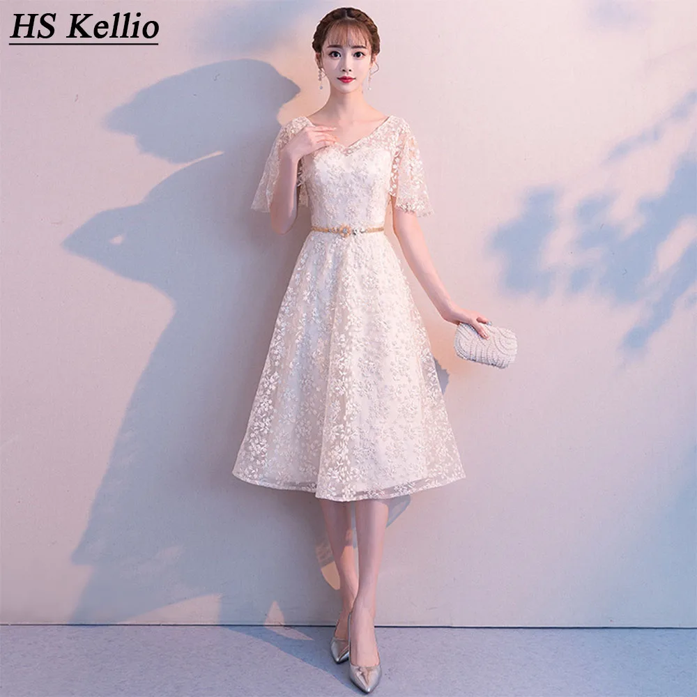 Платье цвета шампанского короткое Кружевное платье подружки невесты на день