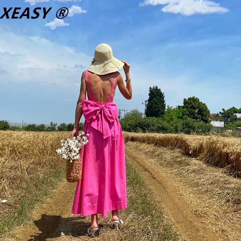 

XEASY женское модное розово-красное платье из поплина с бантом на бретельках, сексуальное платье с открытой спиной и V-образным вырезом, элеган...