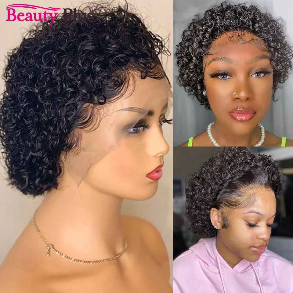 Raw Indian Cheap 13x2 Transparent Lace Wig Pixie Cut Wig Short Bob Curly Human Hair Wig For Black Women Pre Plucked Hairline Wig