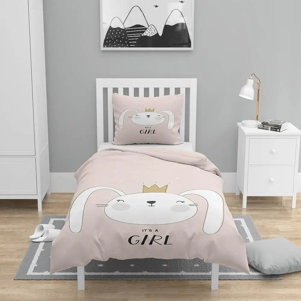Else 4 Pcs Pink White Princess Rabbit Nordec 3D Print Cotton Satin Chidren Kids Duvet Cover Bedding Set Pillow Case Bed Sheet |