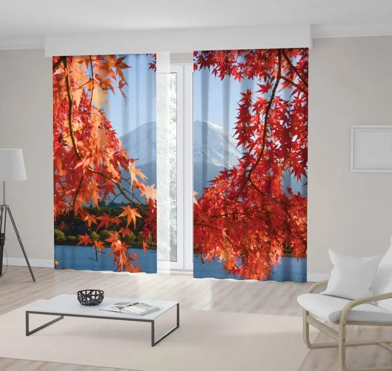 

Curtain Mount Fuji and Lacquer Kawaguchiko in Frame of the Maple Leaves Branches Sunny Autumn Days View Red Green Blue