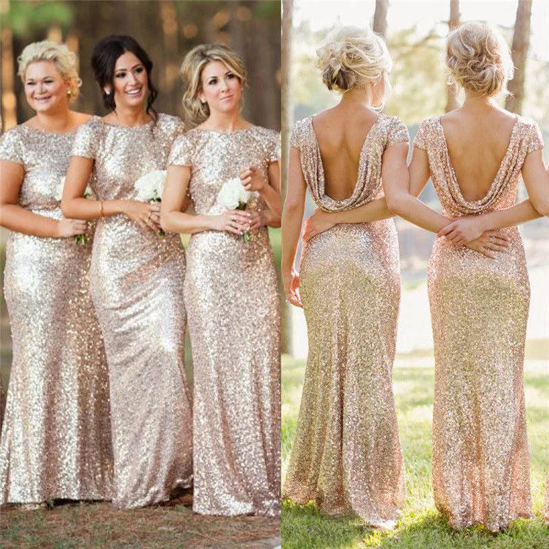 

Sparkly Champagne Gold Sequins Bridesmaid Dresses Plus Size Backless Long Wedding Party Guest Gowns Short Sleeves Custom Made